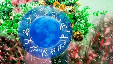 Imagem de fundo com várias flores e rosas e em destaque uma mandala na cor azul com os ícones dos 12 signos do zodíaco.