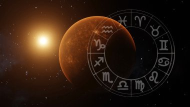 Na imagem, há o planeta Mercúrio no universo. Ao lado, há uma roda do zodíaco com os símbolos dos signos.