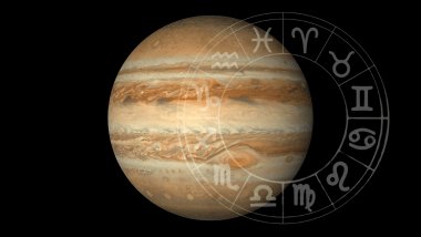 Na imagem, há o planeta Júpiter no universo. Ao lado, há uma roda do zodíaco com os símbolos dos signos.