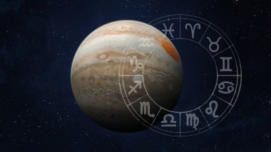 Na imagem, há o planeta Júpiter no universo. Ao lado, há uma roda do zodíaco com os símbolos dos signos.