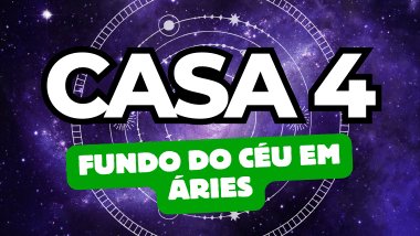 Há um escrito grande "CASA 4" no centro da imagem. Embaixo e um pouco menor, há um escrito "FUNDO DO CÉU EM ÁRIES". Ao fundo, há o universo e círculos com ícones de planetas e estrelas.