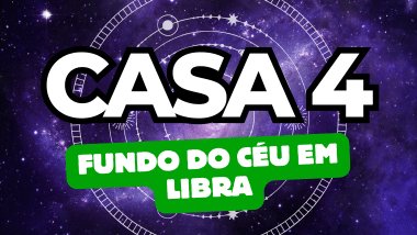 Há um escrito grande "CASA 4" no centro da imagem. Embaixo e um pouco menor, há um escrito "FUNDO DO CÉU EM LIBRA". Ao fundo, há o universo e círculos com ícones de planetas e estrelas.