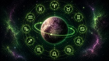 Planeta Plutão com efeito retrógrado no centro, cercado por anéis verdes luminosos e pelos 12 símbolos do zodíaco ao redor em um fundo espacial estrelado.