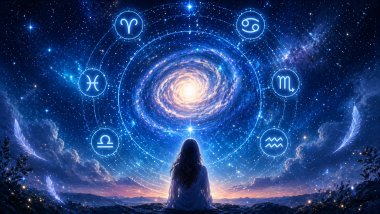 Galáxia luminosa em tons de azul no centro, cercada por seis símbolos do zodíaco, com uma figura contemplando o céu estrelado em um cenário cósmico espiritual.