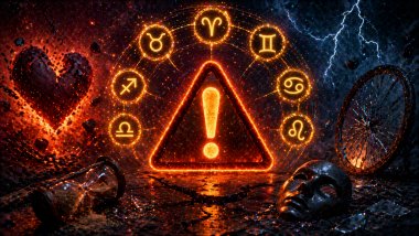 Símbolo de alerta luminoso cercado por sete signos do zodíaco em cenário caótico com fogo e tempestade, representando perigo e consequências.