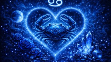 Ilustração em tons de azul com o símbolo de Câncer, um caranguejo ao centro dentro de um coração luminoso, cercado por estrelas, lua, flores e cristais.