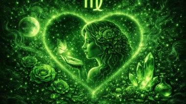 Ilustração em tons de verde com o símbolo de Virgem, uma mulher ao centro dentro de um coração luminoso, com borboleta, rosas, planeta e cristais ao redor.