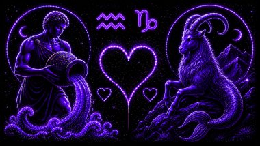 Ilustração em tons de roxo de um homem segurando um jarro com água (símbolo de Aquário) e uma cabra-marinha (símbolo de Capricórnio), frente a frente, com um coração ao centro, representando a combinação amorosa entre eles.