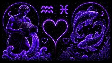 Ilustração em tons de roxo de um homem segurando um jarro com água (símbolo de Aquário) e dois peixes (símbolo de Peixes), frente a frente, com um coração ao centro, representando a combinação amorosa entre eles.