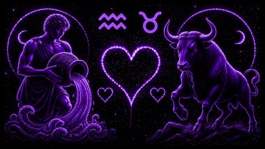 Ilustração em tons de roxo de um homem segurando um jarro com água (símbolo de Aquário) e um touro (símbolo de Touro), frente a frente, com um coração ao centro, representando a combinação amorosa entre eles.