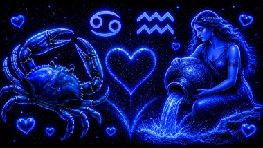 Ilustração em tons de azul com um caranguejo (símbolo de Câncer) e uma mulher segurando um vaso com água e 2 linhas onduladas (símbolo de Aquário) frente a frente, com um coração ao centro, representando a combinação amorosa entre eles