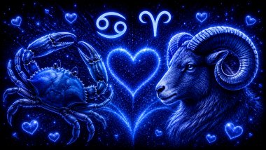 Ilustração em tons de azul com um caranguejo (símbolo de Câncer) e um carneiro (símbolo de Áries) frente a frente, com um coração ao centro, representando a combinação amorosa entre eles