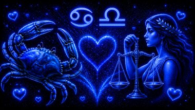 Ilustração em tons de azul com um caranguejo (símbolo de Câncer) e uma mulher segurando uma balança (símbolo de Libra), frente a frente, com um coração ao centro, representando a combinação amorosa entre eles do mesmo signo.