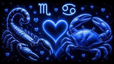 Ilustração em tons de azul de um escorpião (símbolo de Escorpião) e um caranguejo (símbolo de Câncer) frente a frente, com um coração ao centro, representando a combinação amorosa entre eles.