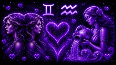 Ilustração em tons de roxo com duas mulheres iguais (símbolo de gêmeos) e uma mulher segurando um vaso com água e 2 linhas onduladas (símbolo de aquário) frente a frente, com um coração ao centro, representando a combinação amorosa entre eles