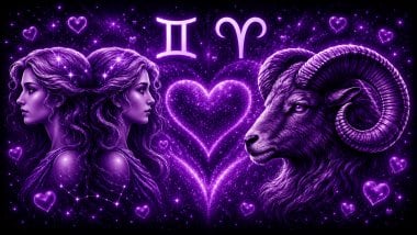 Ilustração em tons de roxo com duas mulheres iguais (símbolo de gêmeos) e dois carneiros (símbolo de Áries) frente a frente, com um coração ao centro, representando a combinação amorosa entre eles