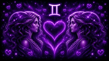 Ilustração em tons de roxo com duas mulheres iguais (símbolo de gêmeos) frente a frente, com um coração ao centro, representando a combinação amorosa entre eles
