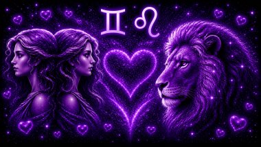 Ilustração em tons de roxo com duas mulheres iguais (símbolo de gêmeos) e um leão (símbolo de leão) frente a frente, com um coração ao centro, representando a combinação amorosa entre eles