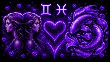 Ilustração em tons de roxo com duas mulheres iguais (símbolo de gêmeos) e peixes (símbolo de peixes) frente a frente, com um coração ao centro, representando a combinação amorosa entre eles