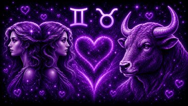 Ilustração em tons de roxo com duas mulheres iguais (símbolo de gêmeos) e um touro (símbolo de Touro) frente a frente, com um coração ao centro, representando a combinação amorosa entre eles