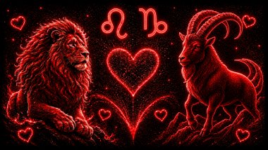 Ilustração em tons de vermelho com um leão (símbolo de Leão) e um carneiro (símbolo de Capricórnio), frente a frente, com um coração ao centro, representando a combinação amorosa entre eles.