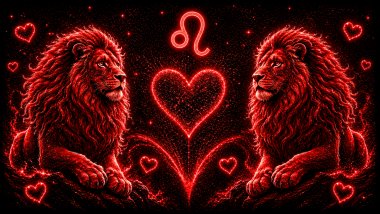 Ilustração em tons de vermelho com dois leões (símbolo de Leão) frente a frente, com um coração ao centro, representando a combinação amorosa entre eles.