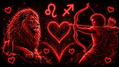 Ilustração em tons de vermelho com um leão (símbolo de Leão) e um homem com uma flecha (símbolo de Sagitário), frente a frente, com um coração ao centro, representando a combinação amorosa entre eles.