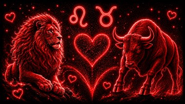 Ilustração em tons de vermelho com um leão (símbolo de Leão) e um touro (símbolo de Touro) frente a frente, com um coração ao centro, representando a combinação amorosa entre eles