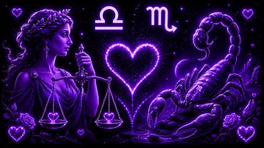 Ilustração em tons de roxo com uma mulher segurando uma balança (símbolo de Libra) e um escorpião, (símbolo de Escorpião) frente a frente, com um coração ao centro, representando a combinação amorosa entre eles.