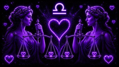 Ilustração em tons de roxo com uma mulher segurando uma balança (símbolo de Libra) e uma outra mulher também segurando uma balança, (símbolo de Libra) frente a frente, com um coração ao centro, representando a combinação amorosa entre eles.