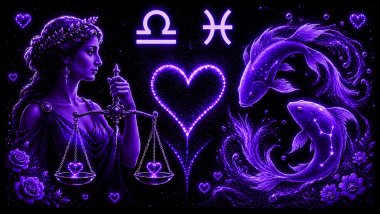 Ilustração em tons de roxo com uma mulher segurando uma balança (símbolo de Libra) e dois peixes (símbolo de Peixes), frente a frente, com um coração ao centro, representando a combinação amorosa entre eles.