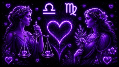 Ilustração em tons de roxo com uma mulher segurando uma balança (símbolo de Libra) e uma mulher e um M estilizado, (símbolo de Virgem) frente a frente, com um coração ao centro, representando a combinação amorosa entre eles.