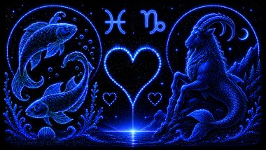 Ilustração em tons de azul de dois peixes (símbolo de Peixes) e de uma cabra-marinha (símbolo de Capricórnio) frente a frente, com um coração ao centro, representando a combinação amorosa entre eles.