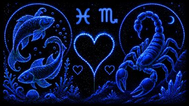 Ilustração em tons de azul de dois peixes (símbolo de Peixes), e um escorpião (símbolo de Escorpião), frente a frente, com um coração ao centro, representando a combinação amorosa entre eles.