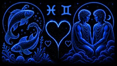 Ilustração em tons de azul de dois peixes (símbolo de Peixes) e dois homens iguais (símbolo de Gêmeos), frente a frente, com um coração ao centro, representando a combinação amorosa entre eles.