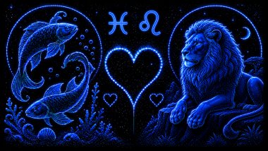 Ilustração em tons de azul de dois peixes (símbolo de Peixes) e um leão (símbolo de Leão), frente a frente, com um coração ao centro, representando a combinação amorosa entre eles.