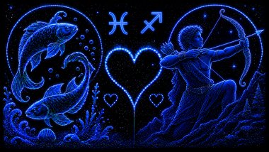 Ilustração em tons de azul de dois peixes (símbolo de Peixes), e um homem segurando um arco e flecha (símbolo de Sagitário), frente a frente, com um coração ao centro, representando a combinação amorosa entre eles.
