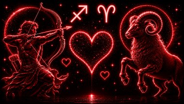 Ilustração em tons de vermelho de um homem com um arco e flecha nas mãos (símbolo de Sagitário) e um carneiro (símbolo de Áries), frente a frente, com um coração ao centro, representando a combinação amorosa entre eles.