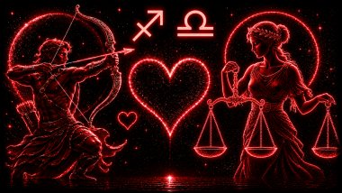 Ilustração em tons de vermelho de um homem com um arco e flecha nas mãos (símbolo de Sagitário) e uma mulher segurando uma balança (símbolo de Libra), frente a frente, com um coração ao centro, representando a combinação amorosa entre eles.