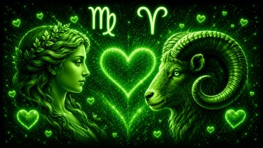 Ilustração em tons de verde com o rosto de uma mulher e a letra M estilizada (símbolo de Virgem) e um carneiro (símbolo de Áries) frente a frente, com um coração ao centro, representando a combinação amorosa entre eles.