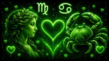 Ilustração em tons de verde com o rosto de uma mulher e a letra M estilizada (símbolo de Virgem) e um caranguejo (símbolo de Câncer) frente a frente, com um coração ao centro, representando a combinação amorosa entre eles.