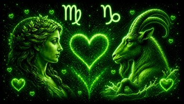 Ilustração em tons de verde com o rosto de uma mulher e um carneiro (símbolo de Capricórnio), frente a frente, com um coração ao centro, representando a combinação amorosa entre eles.