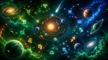 Ilustração do universo com planetas, estrelas e símbolos zodiacais espalhados pelo espaço, em tons de verde, azul, branco e laranja.