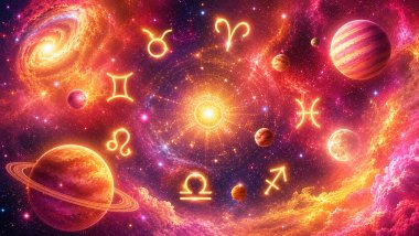 Ilustração cósmica com planetas e símbolos zodiacais brilhantes espalhados pelo espaço, em tons de amarelo, rosa, laranja e branco, sobre um fundo repleto de estrelas.