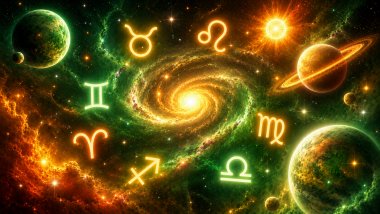 Ilustração cósmica com planetas e símbolos zodiacais luminosos espalhados pelo universo, em tons de verde, amarelo, laranja e branco, sobre um fundo estrelado e galáctico.