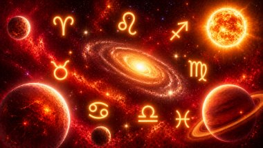 Ilustração cósmica com planetas e símbolos zodiacais luminosos espalhados pelo universo, em tons de vermelho, amarelo e branco, sobre um fundo repleto de estrelas e galáxias.
