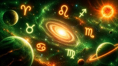 Ilustração cósmica com planetas e símbolos zodiacais luminosos espalhados pelo universo, em tons de verde, laranja e branco, sobre um fundo estrelado com galáxia brilhante ao centro.