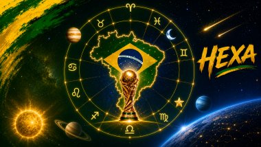 Arte cósmica do Brasil rumo ao hexa com taça dourada, mapa do país, signos e planetas em fundo espacial verde e azul.