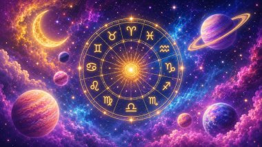Ilustração cósmica com roda zodiacal dourada, planetas, estrelas e nebulosas em tons de amarelo, azul, roxo e rosa, criando um cenário místico do universo.