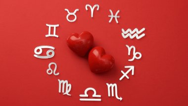 No foco da imagem, há uma Roda do Zodíaco com os símbolos dos signos e há dois corações no centro da roda.
